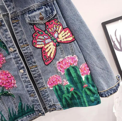 Women’s Butterfly Garden Embellished Bead and Sequins Denim Jeans Jacket Coat