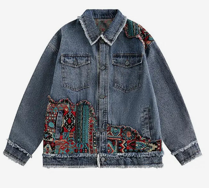 Men’s Bohemian Tapestry Woven Geometrics Patchwork Denim Jeans Jacket Coat