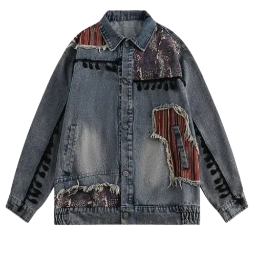 Men’s Retro Distressed Patchwork Jacquard and Tassel Ethnic Print Denim Jeans Jacket Coat