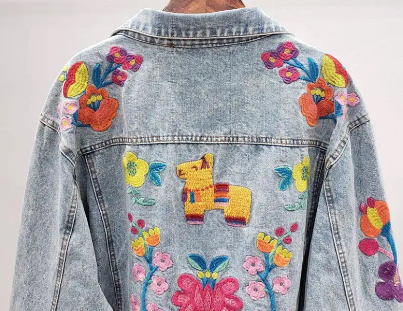 Women's Embroidered Floral Tapestry Dream Denim Jeans Jacket Coat