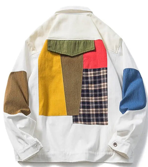 Unisex Retro Colour Block Collage Denim Jacket Coat