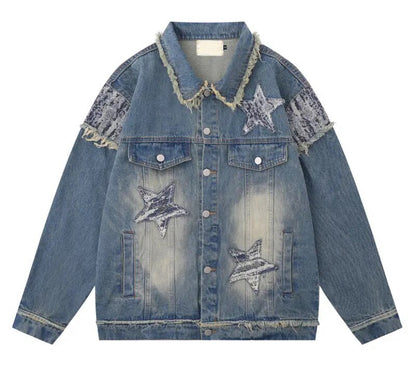 Unisex Bohemian Jacquard Star Denim Jacket Coat