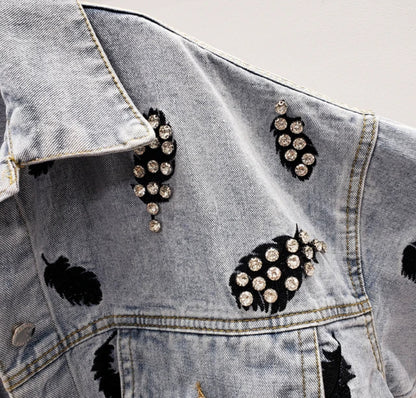 Women’s Rhinestone Feather Fantasy Denim Jeans Jacket Coat