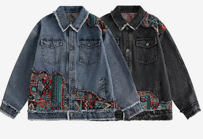 Men’s Bohemian Tapestry Woven Geometrics Patchwork Denim Jeans Jacket Coat