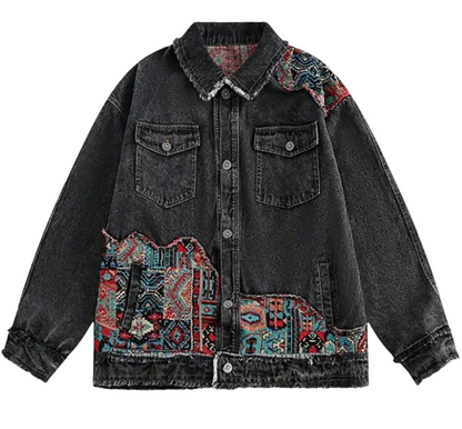 Men’s Bohemian Tapestry Woven Geometrics Patchwork Denim Jeans Jacket Coat