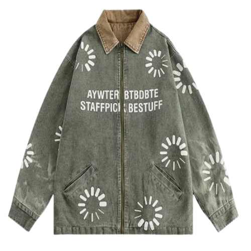 Men’s Short Loading Circle Retro College Stonewashed Denim Jacket Coat Men