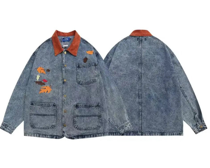 Men’s Embroidered Autumn Leaf Utility Style Denim Jeans Jacket Coat