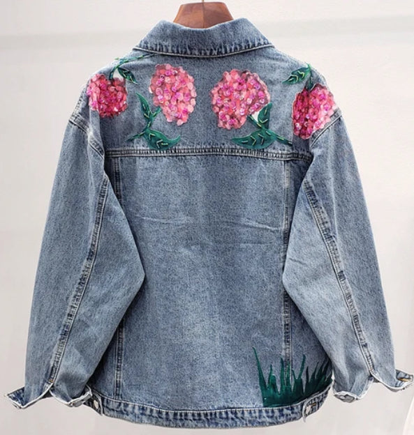 Women’s Butterfly Garden Embellished Bead and Sequins Denim Jeans Jacket Coat