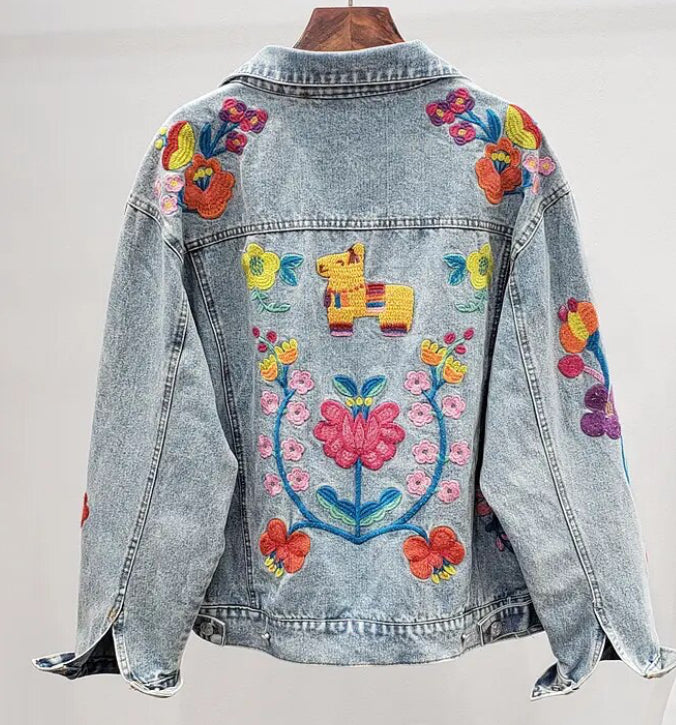 Women's Embroidered Floral Tapestry Dream Denim Jeans Jacket Coat