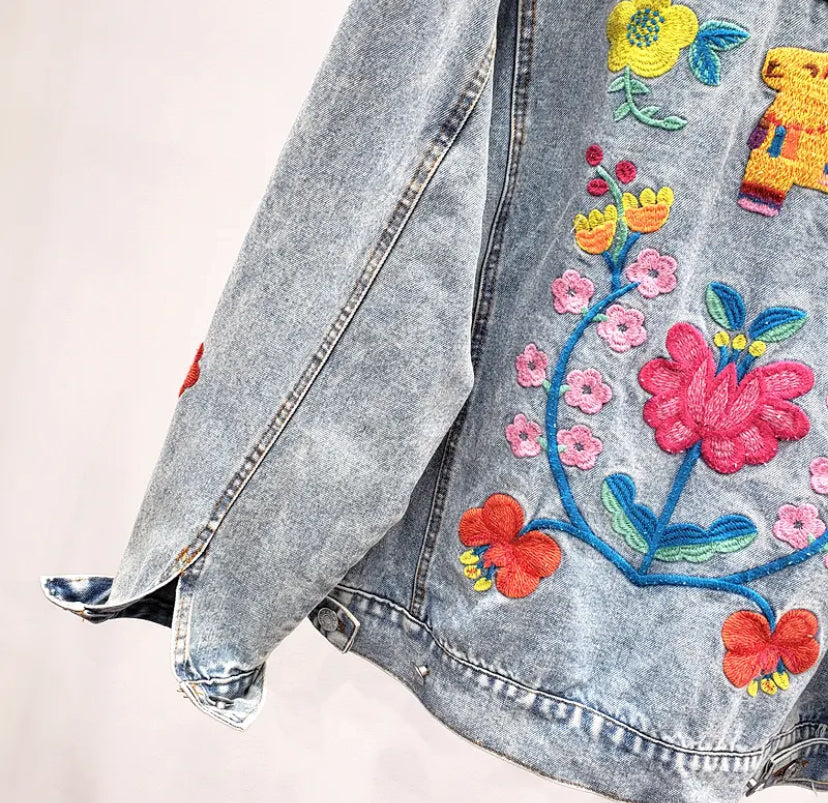 Women's Embroidered Floral Tapestry Dream Denim Jeans Jacket Coat