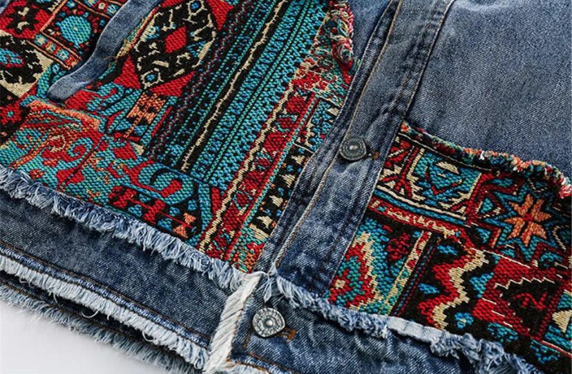 Men’s Bohemian Tapestry Woven Geometrics Patchwork Denim Jeans Jacket Coat