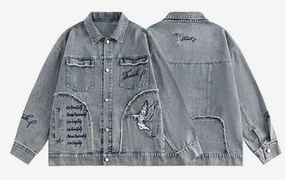 Men’s Grey Stone Washed Thanks Cupid Denim Jeans Jacket Coat