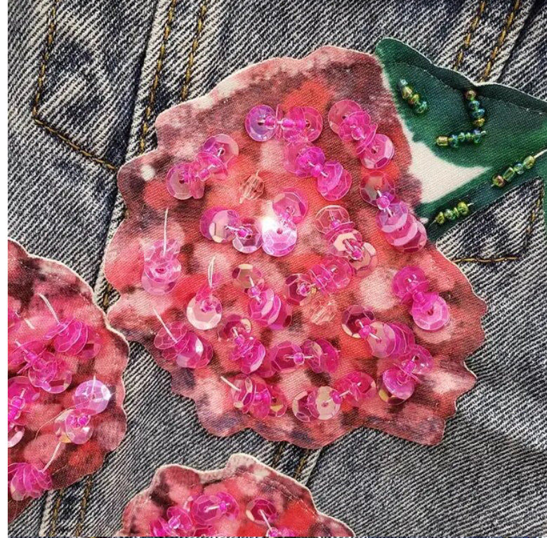 Women’s Butterfly Garden Embellished Bead and Sequins Denim Jeans Jacket Coat