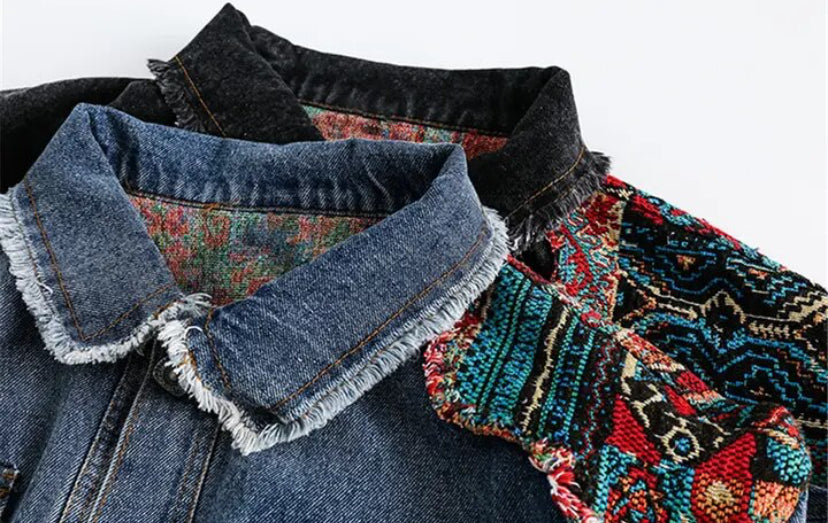 Men’s Bohemian Tapestry Woven Geometrics Patchwork Denim Jeans Jacket Coat