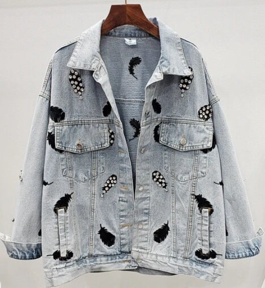 Women’s Rhinestone Feather Fantasy Denim Jeans Jacket Coat