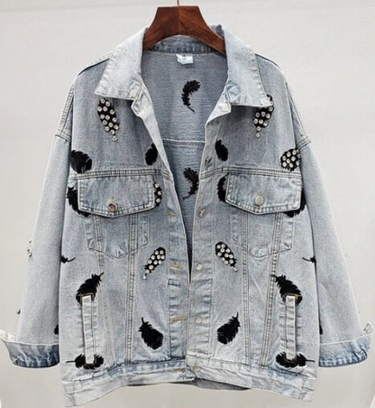 Women’s Rhinestone Feather Fantasy Denim Jeans Jacket Coat