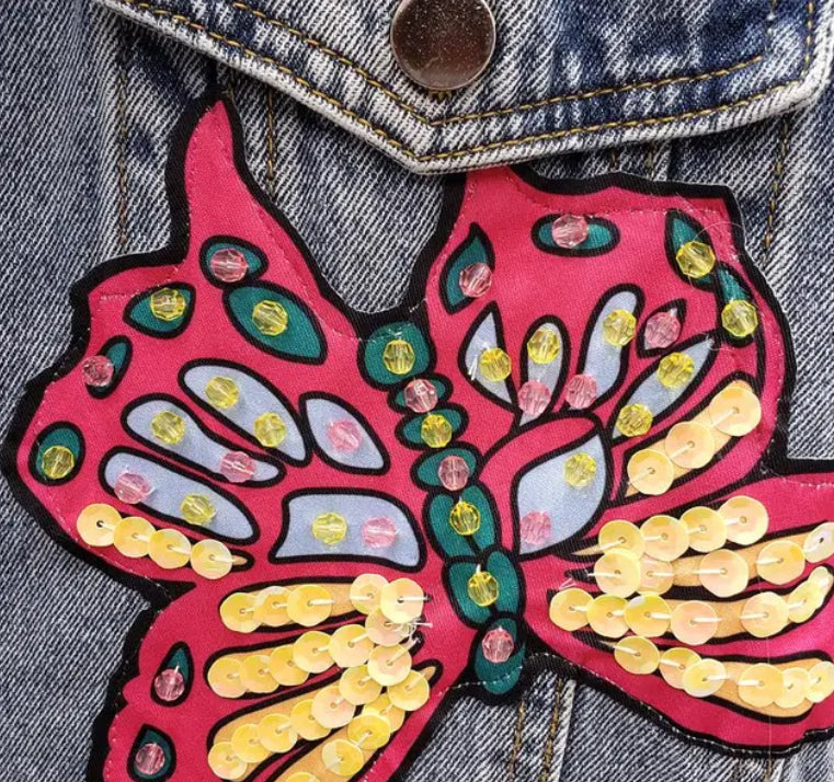 Women’s Butterfly Garden Embellished Bead and Sequins Denim Jeans Jacket Coat