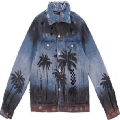 Men’s Sunset Palm Gradient Denim Jeans Jacket Coat