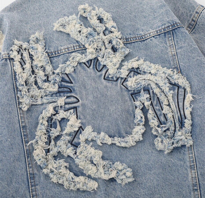 Unisex Retro Chic Ruffle Edge Spider Denim Jeans Jacket Coat