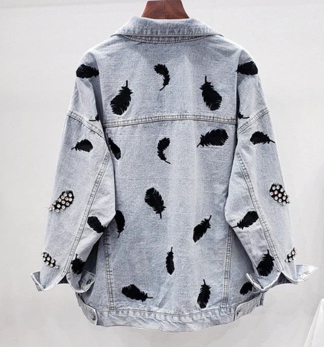 Women’s Rhinestone Feather Fantasy Denim Jeans Jacket Coat