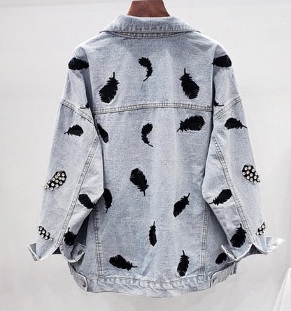 Women’s Rhinestone Feather Fantasy Denim Jeans Jacket Coat