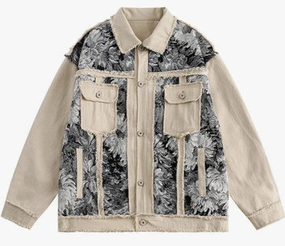 Men’s Cream and Floral Jacquard Denim Jeans Jacket Coat