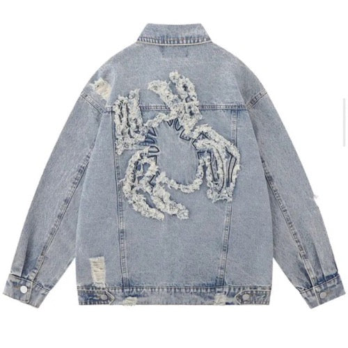 Unisex Retro Chic Ruffle Edge Spider Denim Jeans Jacket Coat