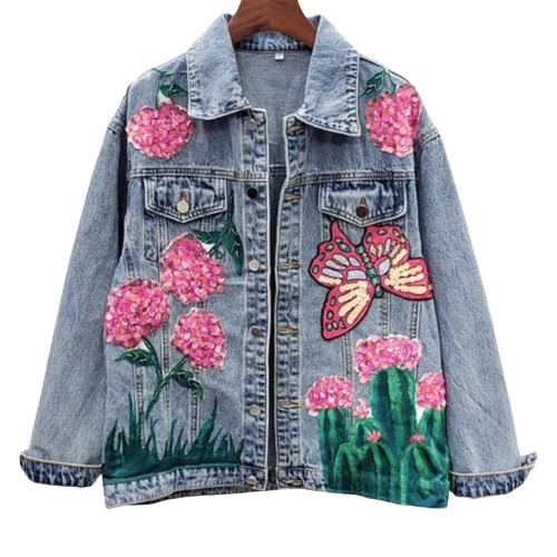 Women’s Butterfly Garden Embellished Bead and Sequins Denim Jeans Jacket Coat