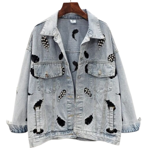 Women’s Rhinestone Feather Fantasy Denim Jeans Jacket Coat